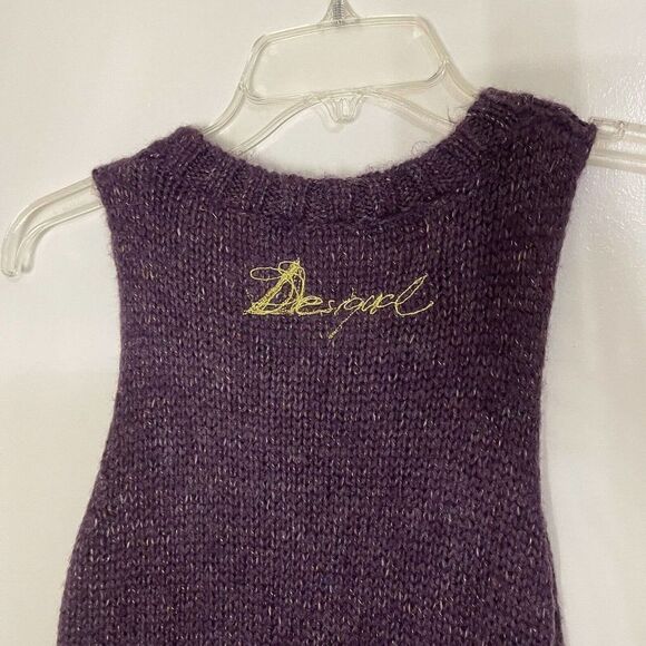DESIGUAL purple knit acrylic wool floral embroidered sequin vest tunic sweater S - Picture 2 of 7